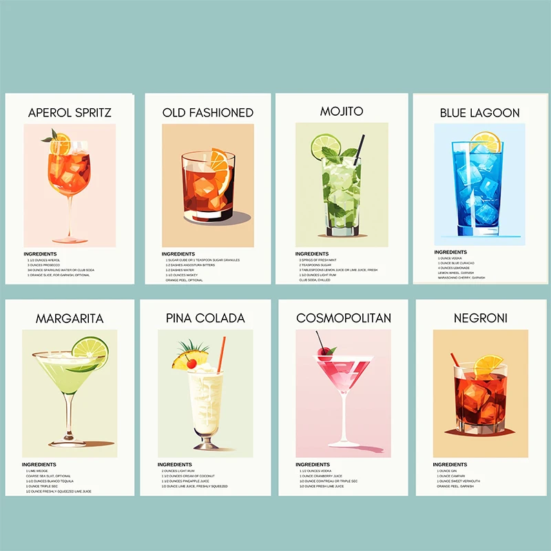 Minimalist Classic Cocktails Posters Mojito Pina Colada Prints Canvas Printing Modern Wall Art Picture for Bar Club Home Decor