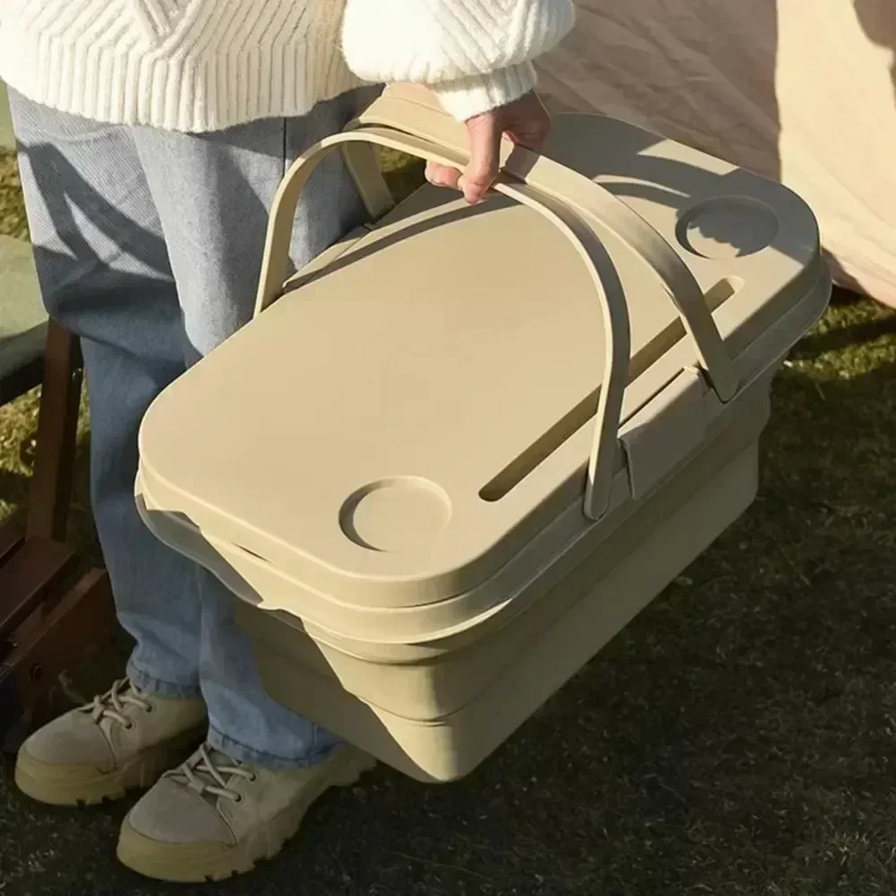 

New Multifunctional Picnic Basket with Tray Table Waterproof and Leak Proof Foldable Camping Box with Lid Multi-functional