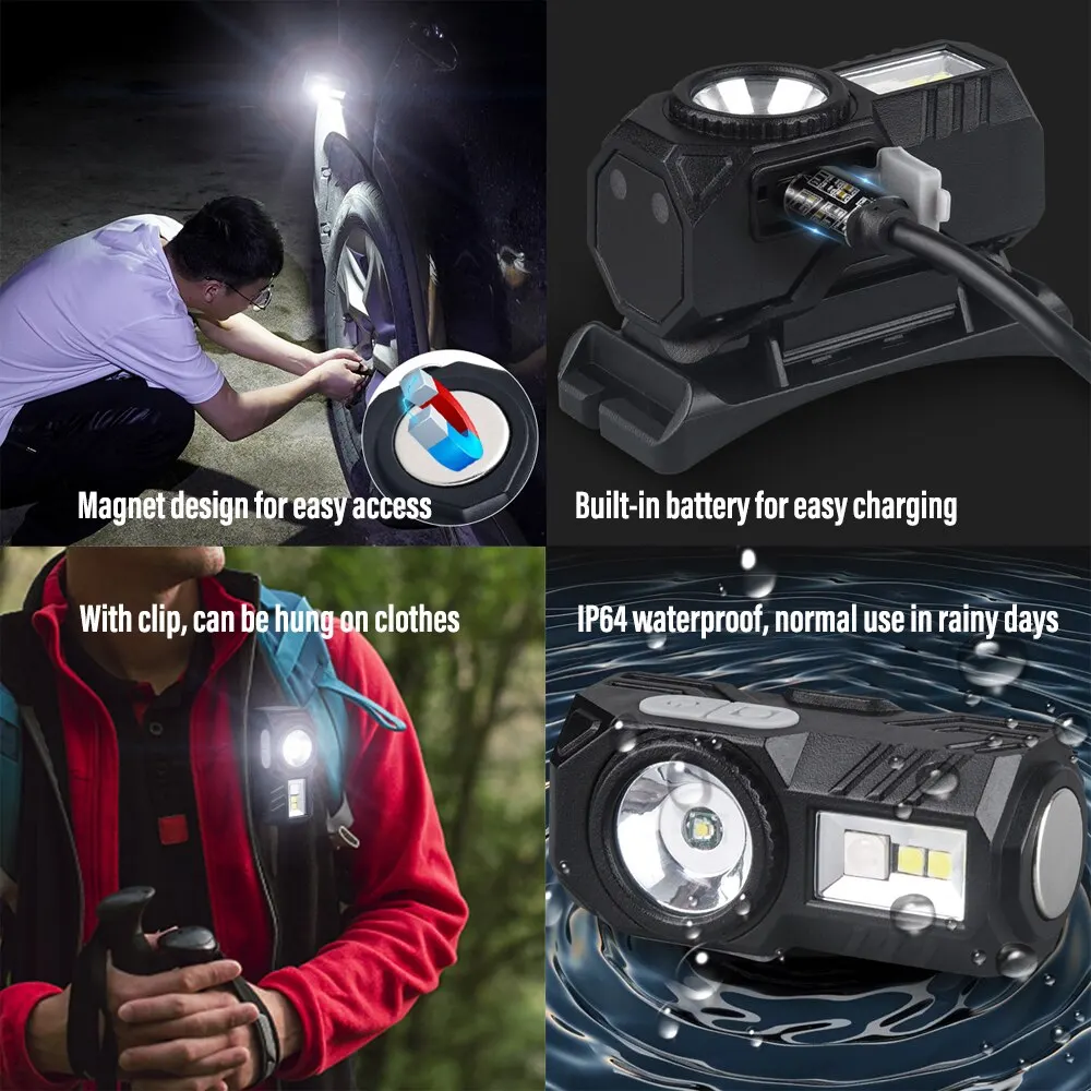 Mini LED Headlamp Motion Sensor Camping Fishing Lantern USB Rechargeable Headlight with Magnet Warning Lamp Cap Clip Lights