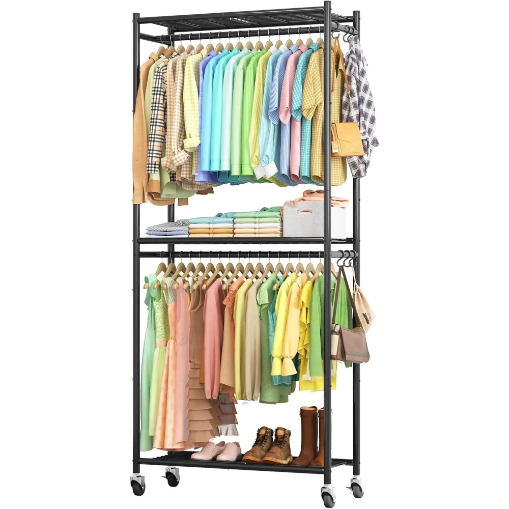 

Heavy-Duty Clothes Rack - 33.0" x 12.2" x 79.5" Clothing Rack with Shelves & Wheels, Multi-Functional Wardrobe Closet with Hooks
