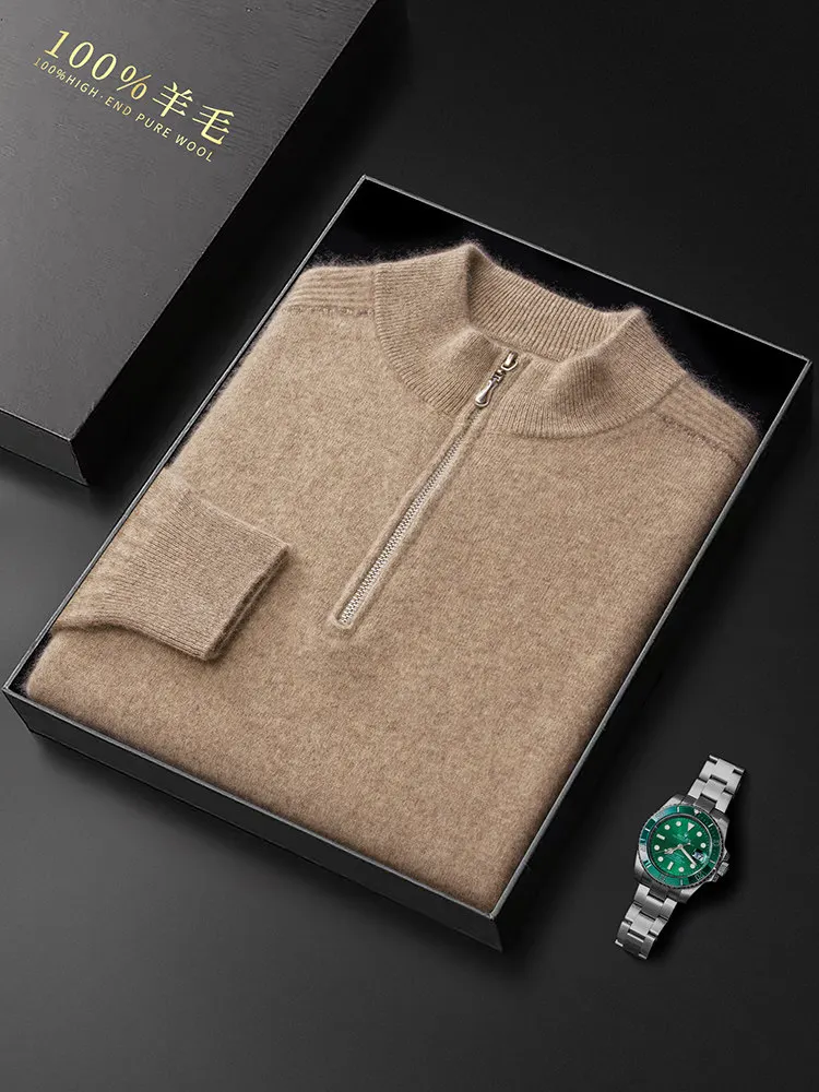 100% Australian wool sweater color matching half-height zipper neck thickened sweater business casual cashmere knitted bottoming