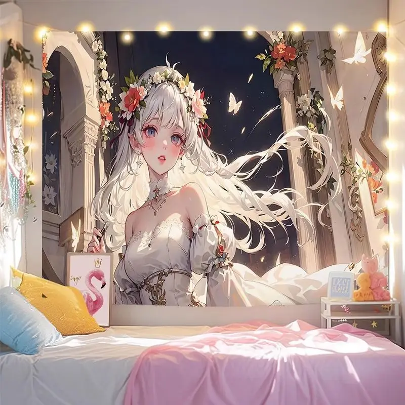 VIKAMA Silver Hairpin Girl White Rabbit Tapestry, Flower Anime Aesthetic Wall Hanging for Bedroom Living Room Dorm Decor