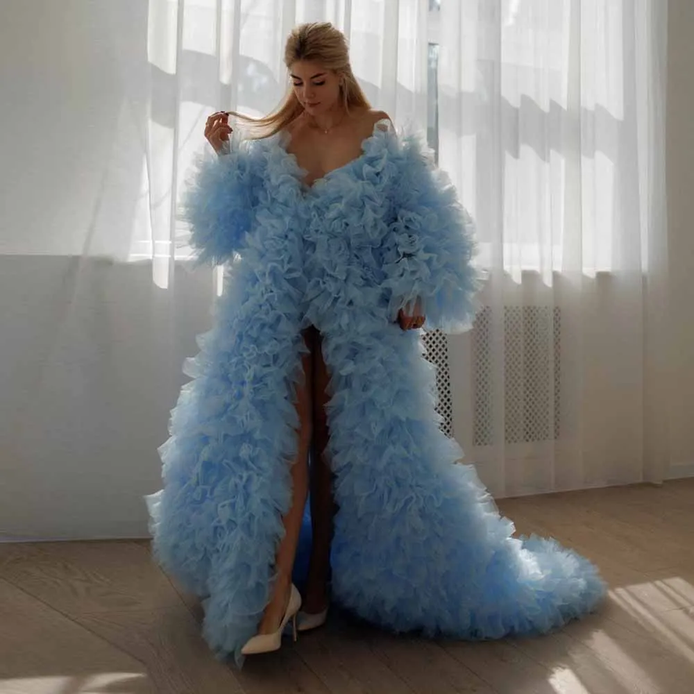 תוספת נפוח עשוייה גלימה נשים ארוכות בגדי לידה phoot שמלות הריון כחולות ruffles ארוך מעיל צילום גלימות קימינו 2025