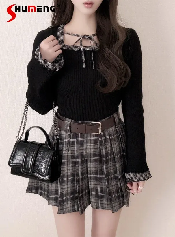 

Элегантный милый клетчатый универсальный вязаный пуловер в японском стиле с квадратным вырезом и бантом на шнуровке и длинными рукавами для женщин, весна 2026