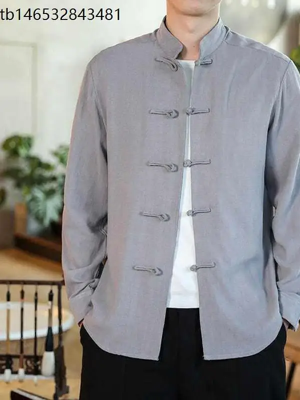Chinese Style Casual Shirt Large Size Monastic Clothing Long Sleeve Men's Fashion Urban Loose Fit Cotton Linen Anti-Seasonal ...