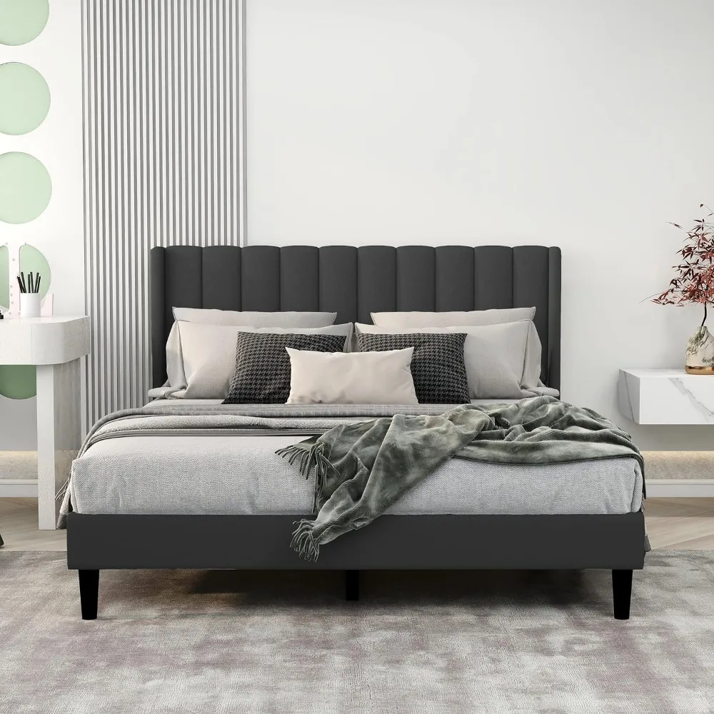 Upholstered Bed Frame Queen with Wingback Headboard/No Box Spring Needed/Wooden Slat Support/Easy Assemble/Dark Gray