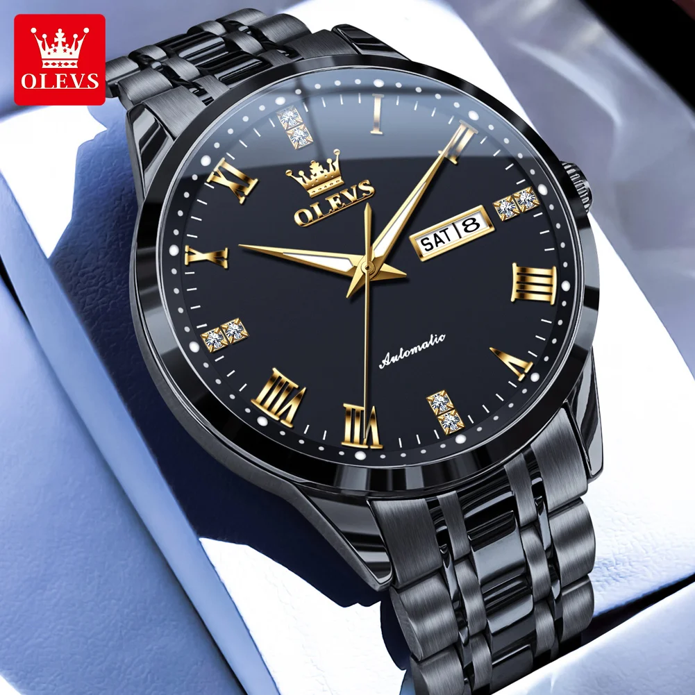 

OLEVS мужские часы из нержавеющей стали с двойным календарем, водонепроницаемые светящиеся классические деловые автоматические механические часы для мужчин 7062