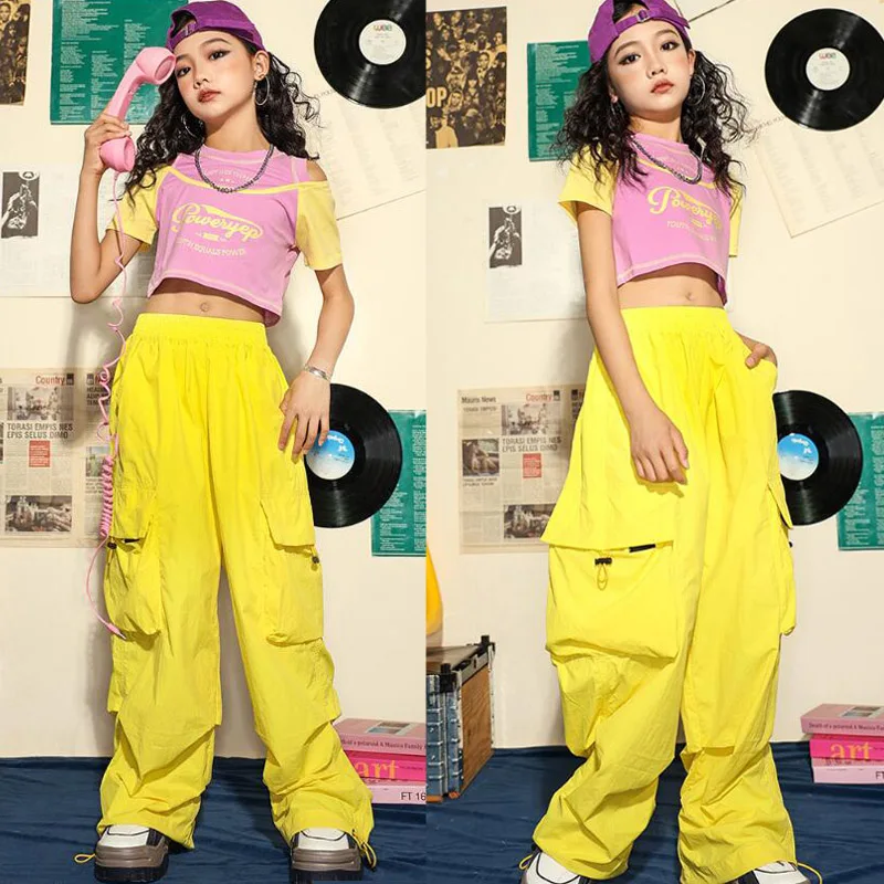 Kids Hip Hop Clothing Crop Tank Tshirt Tops Yellow Casual Pocket Cargo Pants for Girls Teenage Jazz Dance Costume Street Clothes