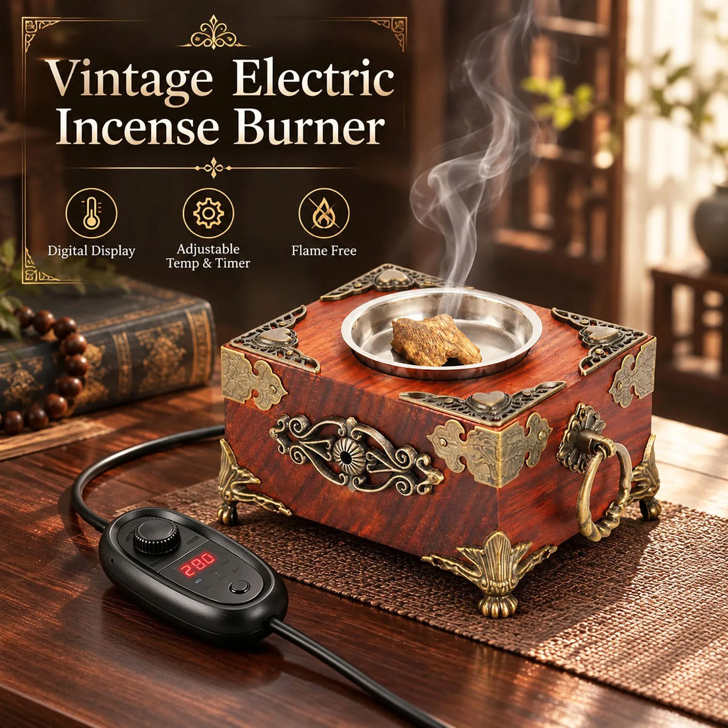 Electric Incense Burner Adjustable Temp & Timer Bakhoor Burner Wooden Treasure Chest Essential Oil Burner Agarwood Resin Burner