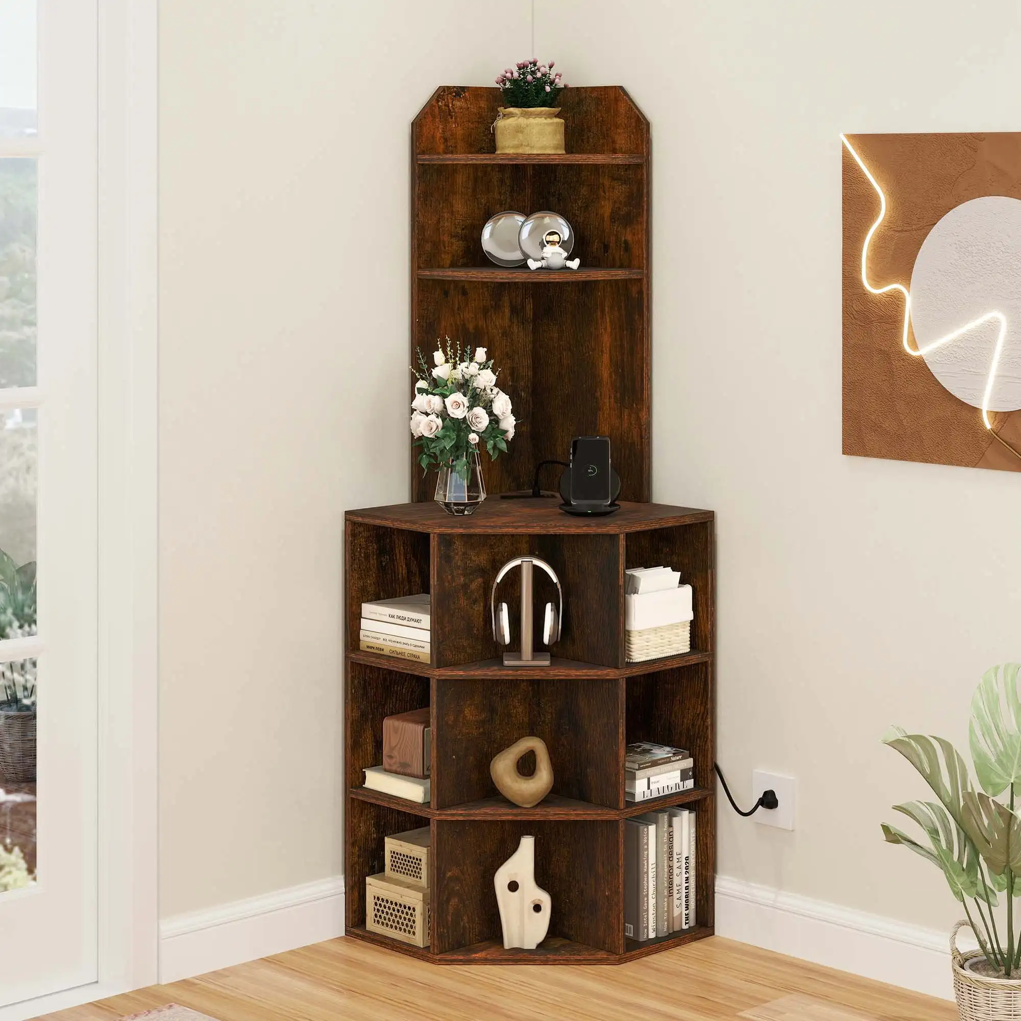 

Dextrus 5-Tier Corner Shelf with USB Ports and Outlets, Corner Bookshelf Bookcase Display Shelves Rack Storage Corner Bar Cabin