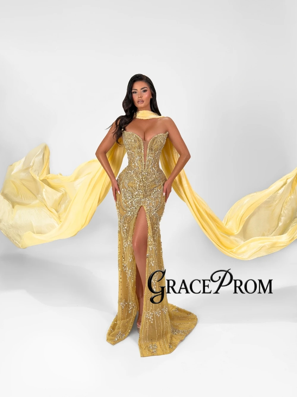 Bright Sparkly Beaded Evening Dress With Shawl Sexy Deep V Neck Side Slit Prom Gown Glamorous Customized Mermaid Cocktail Wear