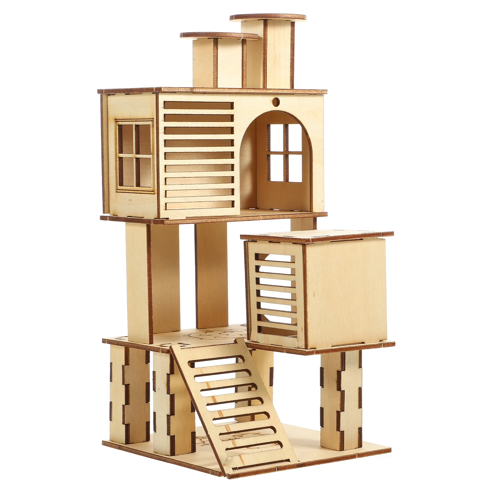 Hamster Villa Hide- Ladder House Cage Decorative Habitat Wooden Exercise Playground Slide