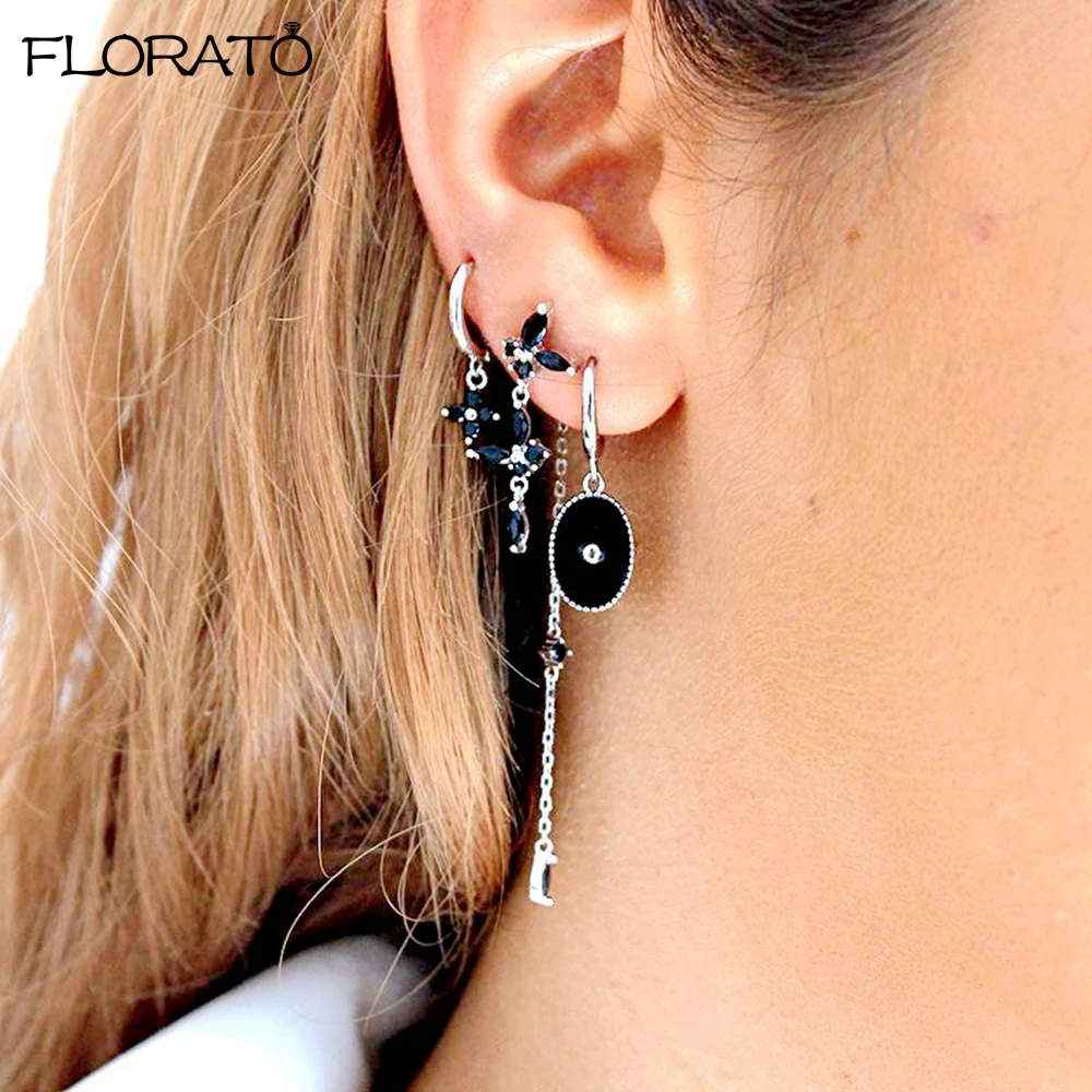 2025 New Gothic Cross Black Drill Drop Earrings 925 Sterling Silver Needle Small Hoop Earrings for Women Punk Piercing Jewelry