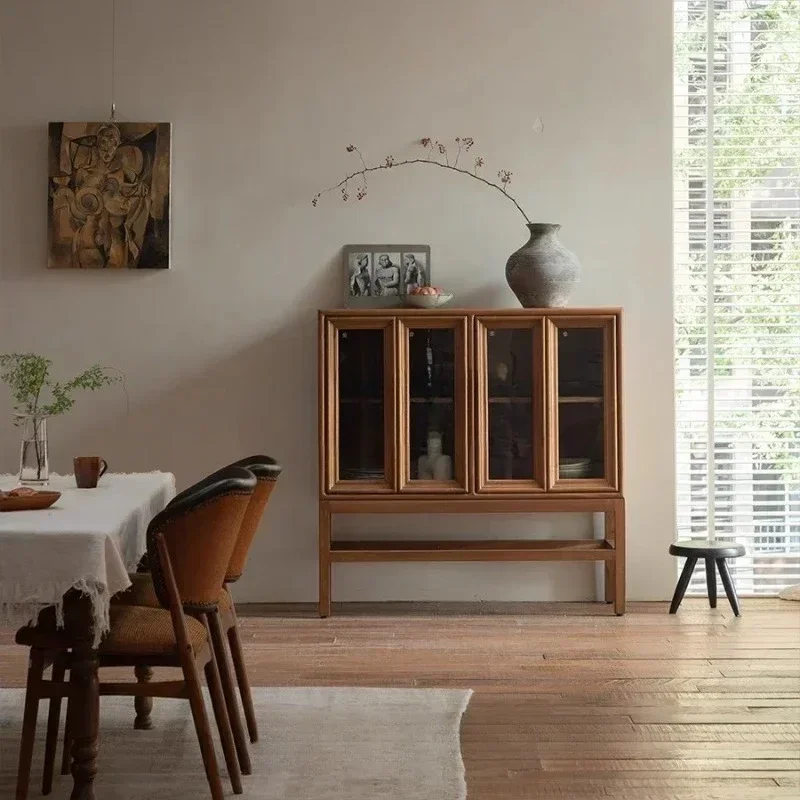 

FRetro style living room dining side cabinet teak glass bookcase solid wood display storage locker