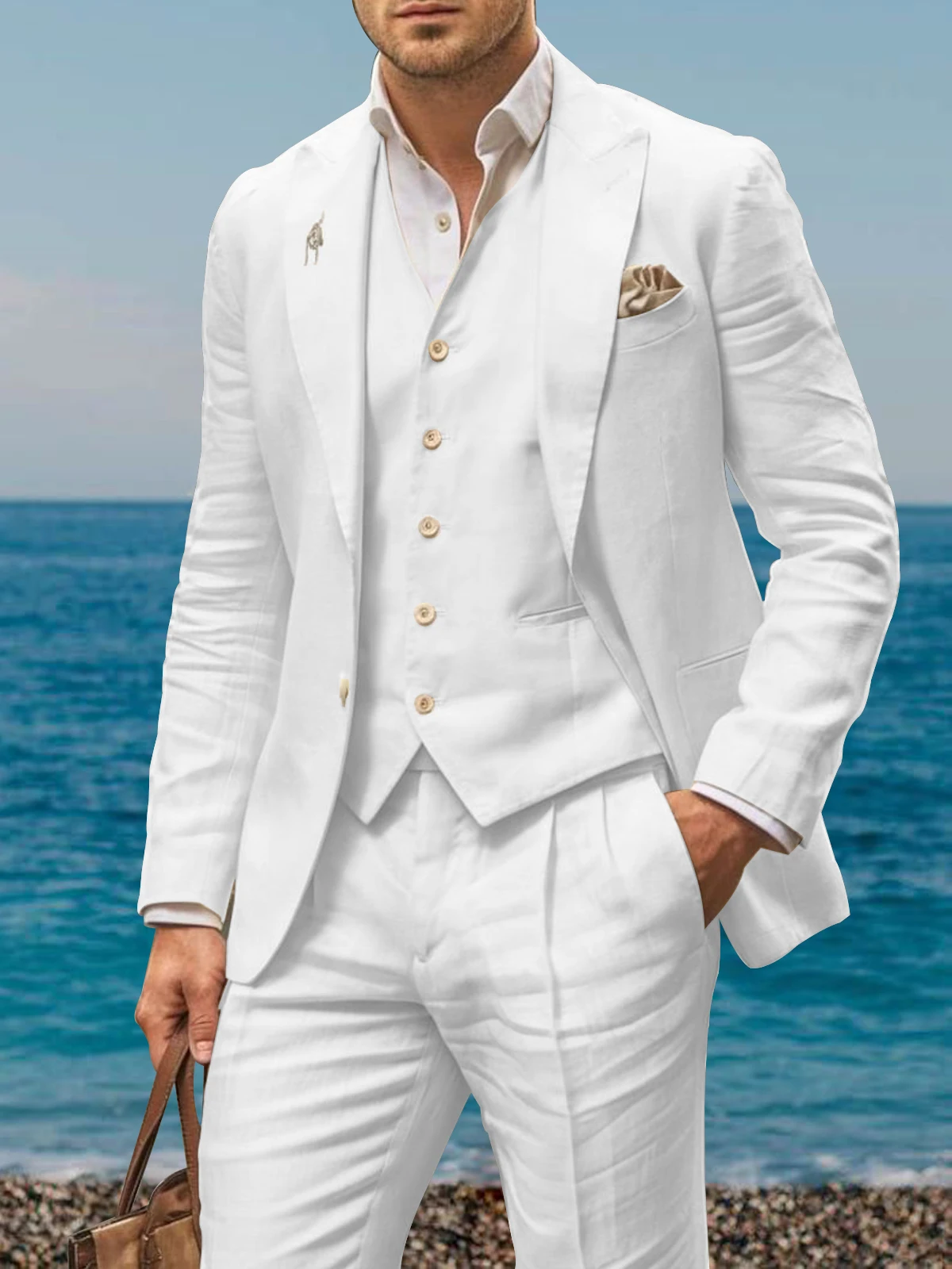 Summer Linen Casual Suits for Men ، Slim Fit Peaked Lapel Solid Tuxedo Mens Suits Traje De 3 Piezas Para Hombre Custom Man Suits
