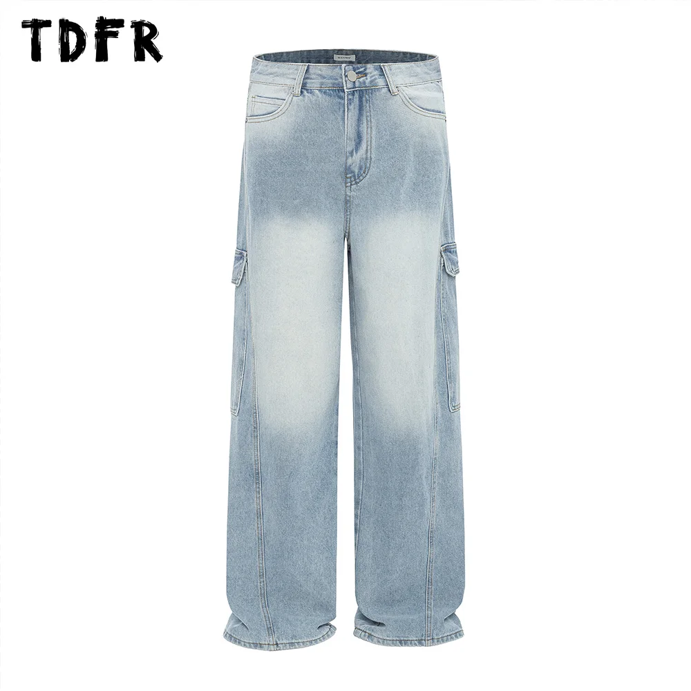 

Multi-Pocket Spliced Jeans Mens Washed Distressed Casual Streetwear Loose Straight Wide Leg Denim Pants Men Trousers
