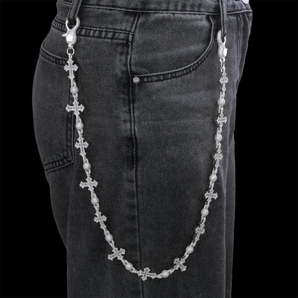 ESKEEM Iced Out Zircon Pants Chain 18MM Silver Plated Cross & Round Bead Design Bling Diamond Fine Jewelry