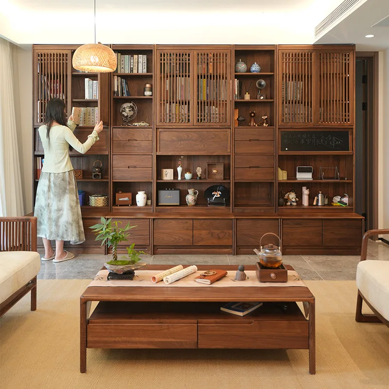 

Free combination solid wood bookcase whole wall display cabinet black walnut