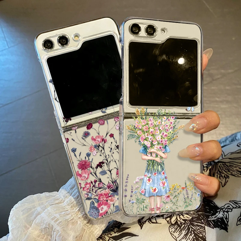 For Samsung Galaxy Z Flip6 Flip5 Flower Print Case Clear Hard PC Luxury Shockproof Folding Cover For Samsung Z Flip 6 5 4 3 5G