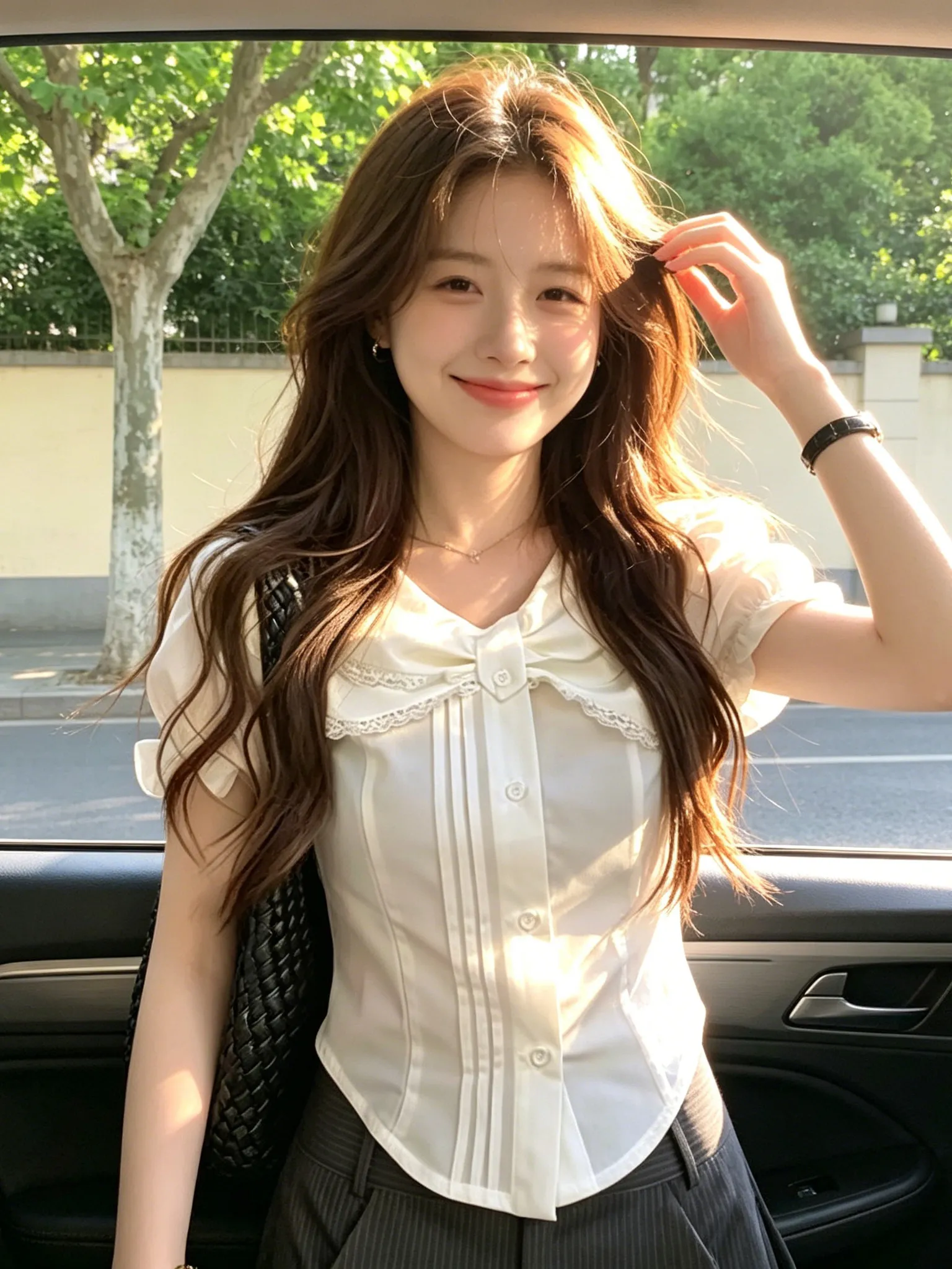 

Lace Trimmed Short Sleeve Doll Collar White Shirt Women's Summer Uneven Pleat Slim Fit Pure Desire Top Korean Style Commute
