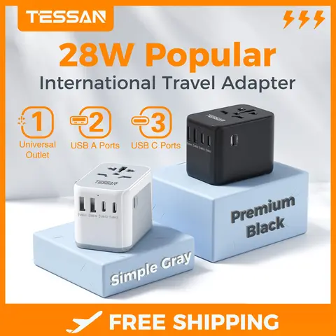 TESSAN 28W Universal Travel Adapter with 4/5 USB Ports 5V/3A Type C Worldwide Power Adapter 17W Travel Charger for EU/UK/US/AUS
