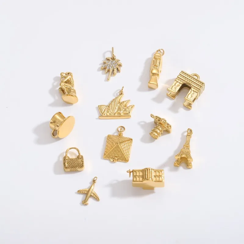 Women Stainless Steel Gold Plated Travel Landmark Building Pyramid Plane Camera DIY Necklace Bracelet Jewelry Making Accessories