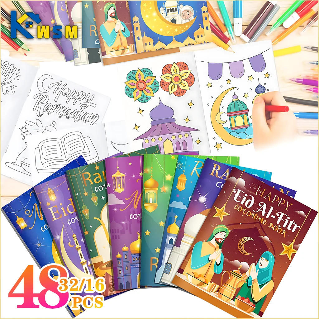 16/32/48PCS Ramadan Coloring Books Gold Moon Fillers DIY Painting Drawing Book Children's Gift Graffiti Book for Party Supplies