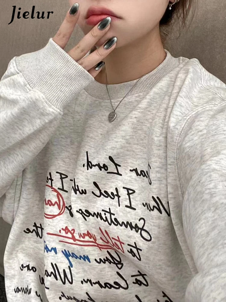 

Jielur Loose O-neck Pullovers Chicly Letter Printing Warm Female Hoodies Basic Simple Casual Fashion Solid Color Women Hoodies