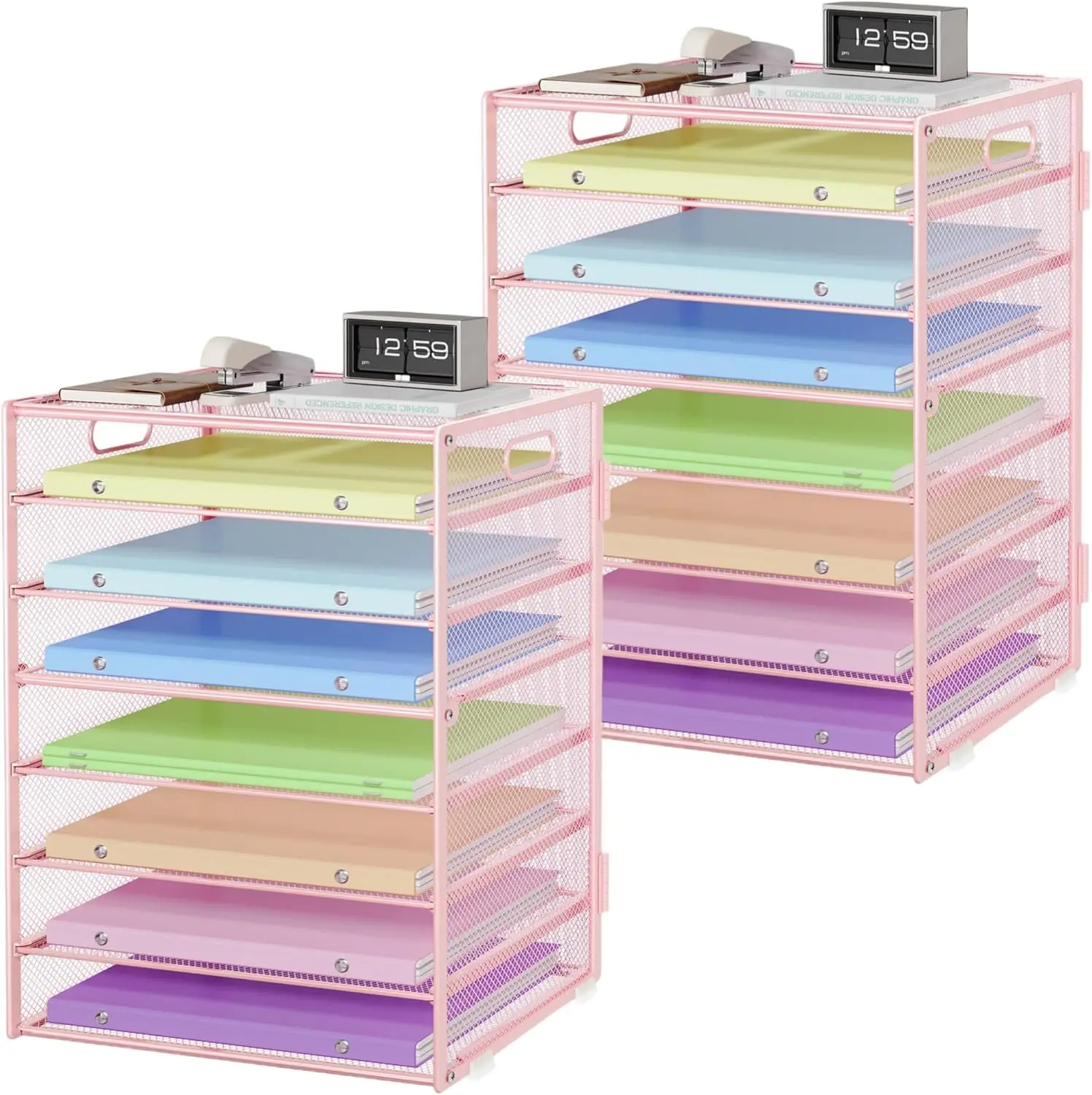 

8 Tier Paper Organizer with Handle, Metal Mesh File Sorter, Large Capacity Desk Organizer for Office Home, 2 Pack Pink