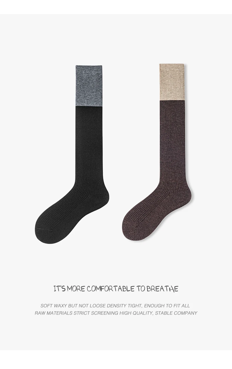 2-farbige Woll-Kniestrümpfe für Damen, gestrickte lange Socken, farblich abgestimmte gerippte warme Wintersocken, 1 Paar, weich, für den Urlaub – Detail 4