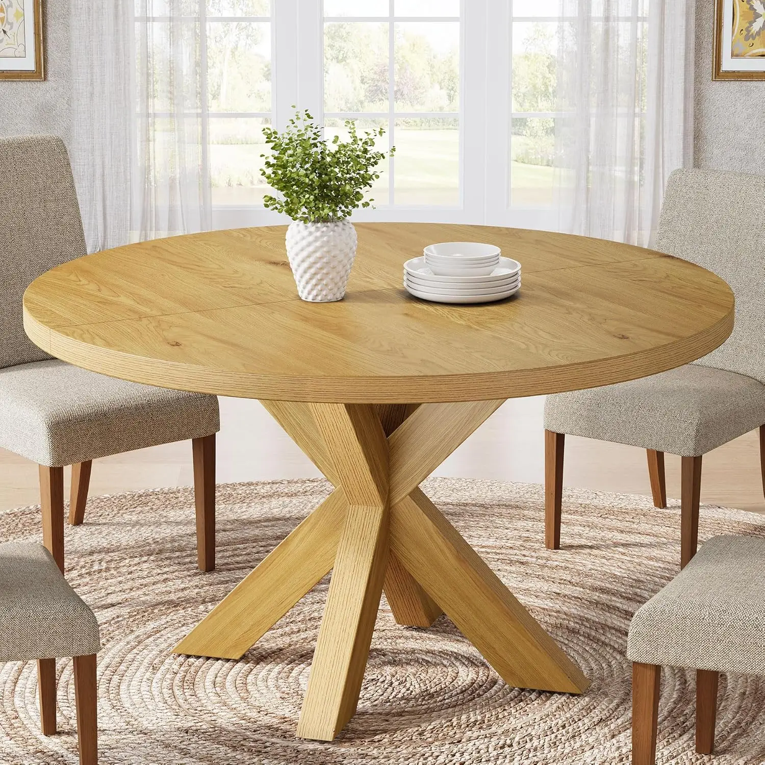 Tribesigns Round Dining Table For 4-6 People, 47.24-Inch Farmhouse Kitchen Table With Crossed Legs, Wood Circle Dinner Table