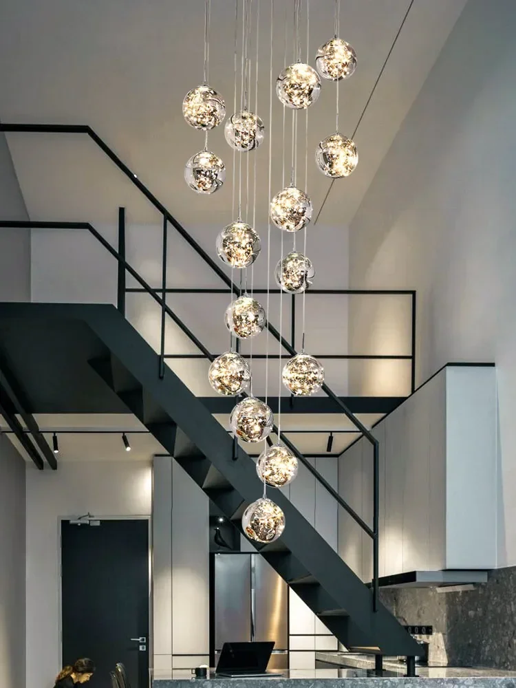 

Luxury LED Glass Chandelier For Staircase Minimalist Round Ball Long Hanging Lamps Gold Creative Art Simple Lighting Fixtures