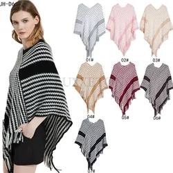 Women Fashion Pullover Cape Shawl Autumn Winter Bat Knit Sweater Black Striped Knit Shawl Poncho Women Luxury Cloak