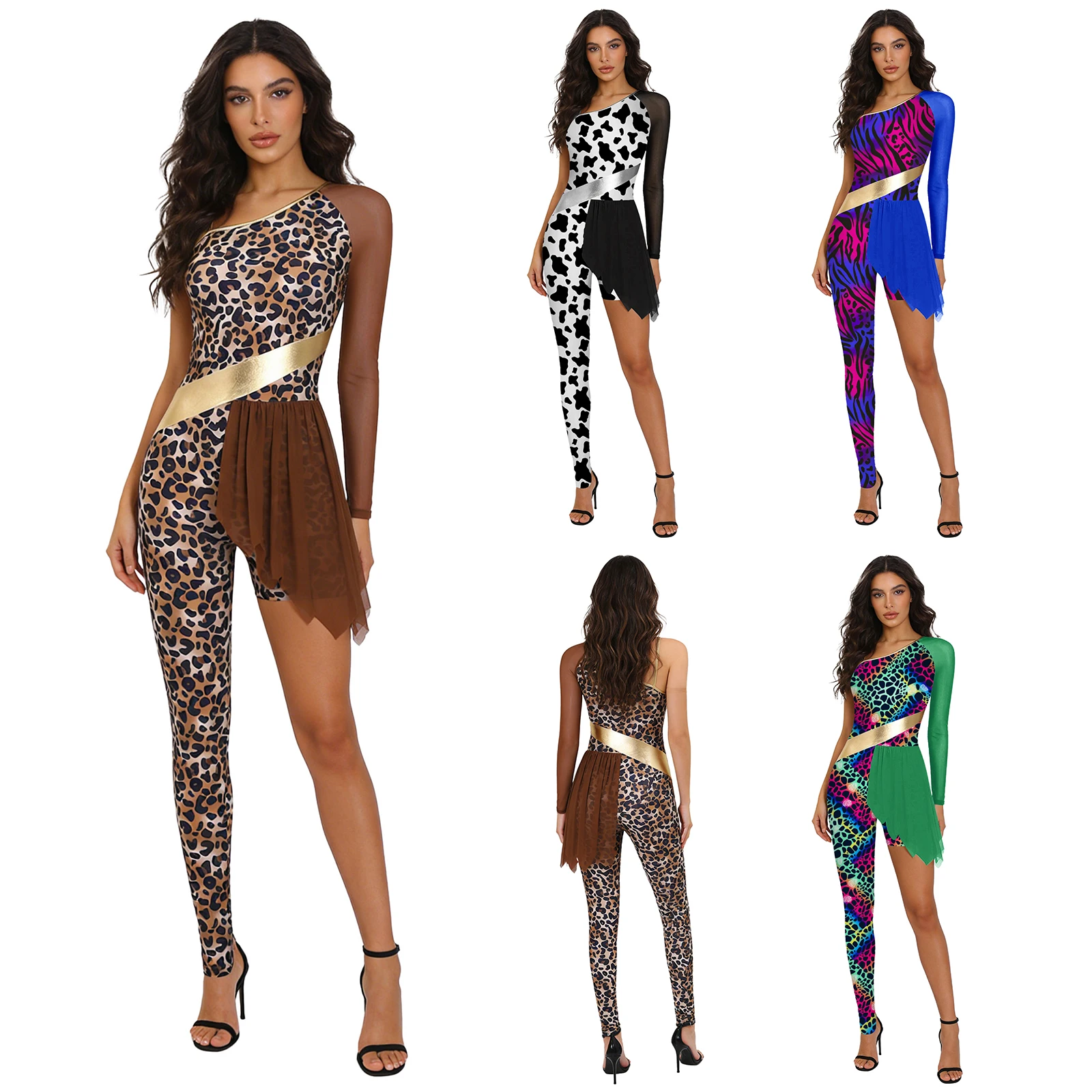 Women Leopard Print Caveman Gymnastics Ballet Latin Dance Leotard Halloween Carnival Cavewoman Primitive Tribe Dress Up Costume