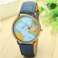 2024 Fashion Global World Map Plane Denim Fabric Band Watch Casual Men Women Wristwatches Quartz Watch Gift Horloges Relógio