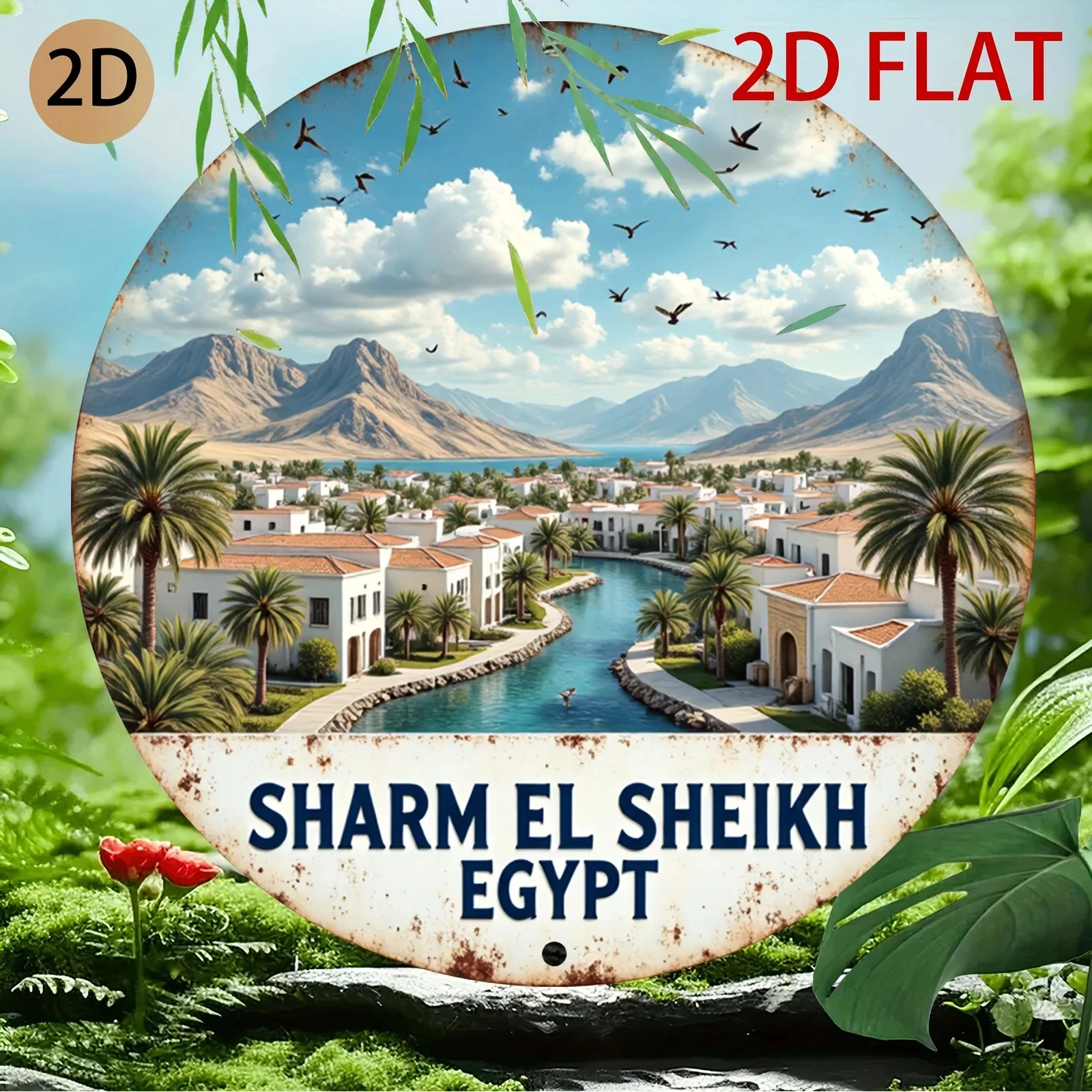 2D Flat Image - a Circular Vintage Sign Depicting the Landscape of Sharm El Sheikh, Egypt, Perfect for Home or Travel-Themed Decoration