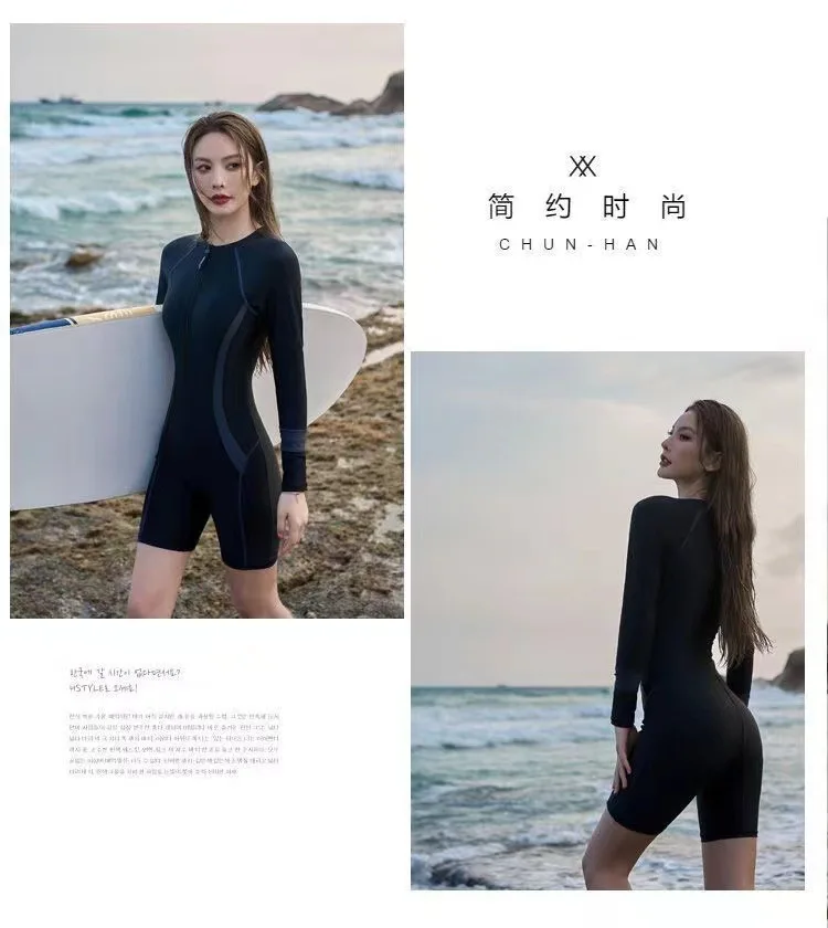 Women Long Sleeve Professional Water Sport Surfing Athletic SwimWear One Piece Knee Length Athletic Bathing Beach SwimSuit