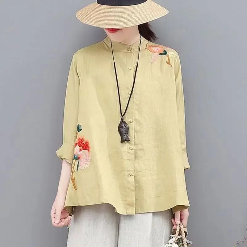 Spring Summer Stand Collar Literary Vintage Embroidery Pure Cotton Blouse Women Long Sleeve Loose Casual Fashion Irregular Z318