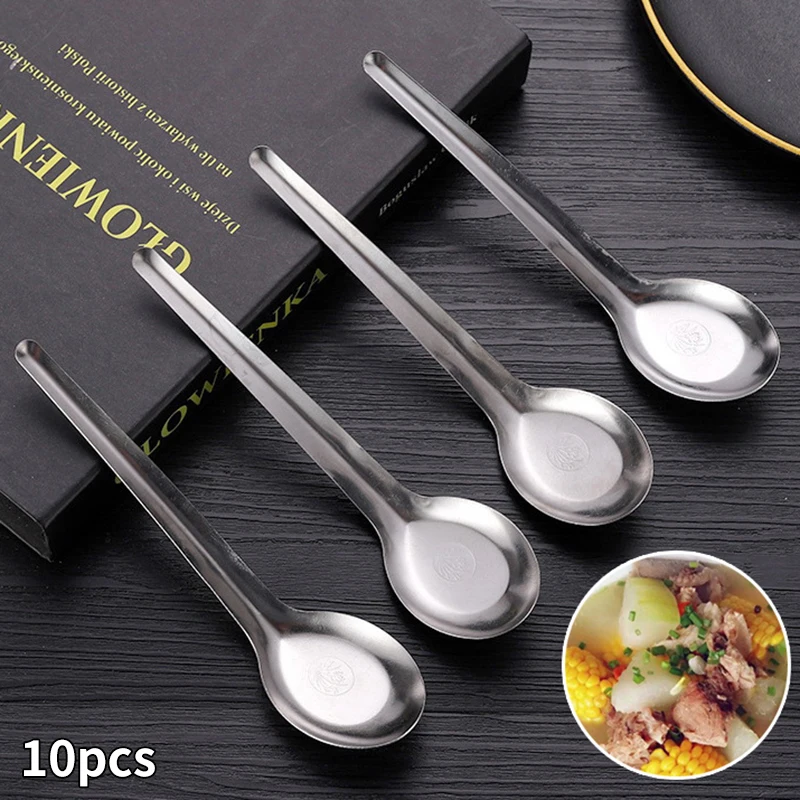 10Pcs Stainless Steel Soup Spoon Long Handle Flatware Cutlery Cooking Utensil Table Spoon For Kitchen Restaurant Tableware