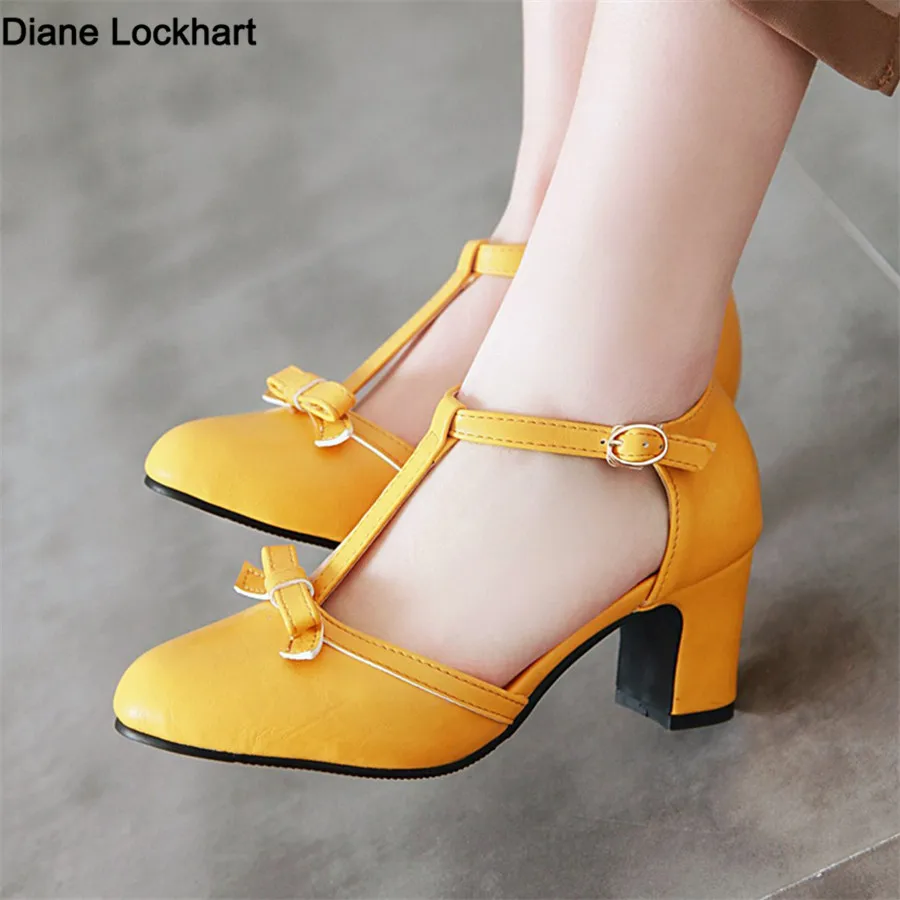 New Women Mary Janes Pumps T-Strap Ladies 6.5cm Spike Heels Shoes Sweet Bowtie Lolita Buckle Strap Wedding Bridal Shoes 34-43