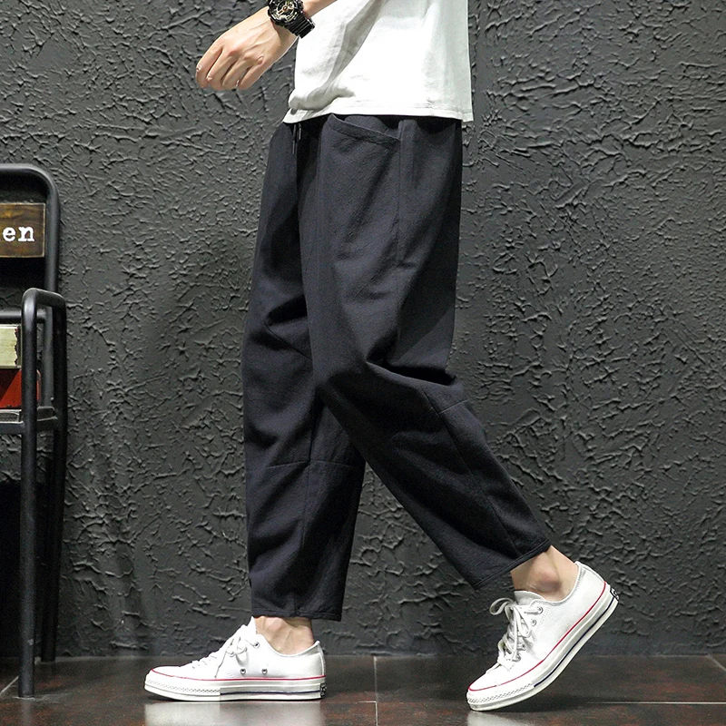 100% Cotton Ankle Length Pants Summer Casual Pants Man Trendy Japanese Loose Pants Men