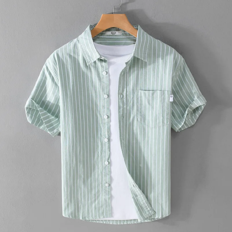 Men's Casual Loose Stripe Short Sleeve Shirt CleanFit  Collar PU Leather Thickened Fleece Mid-aged And Elderly Suitable