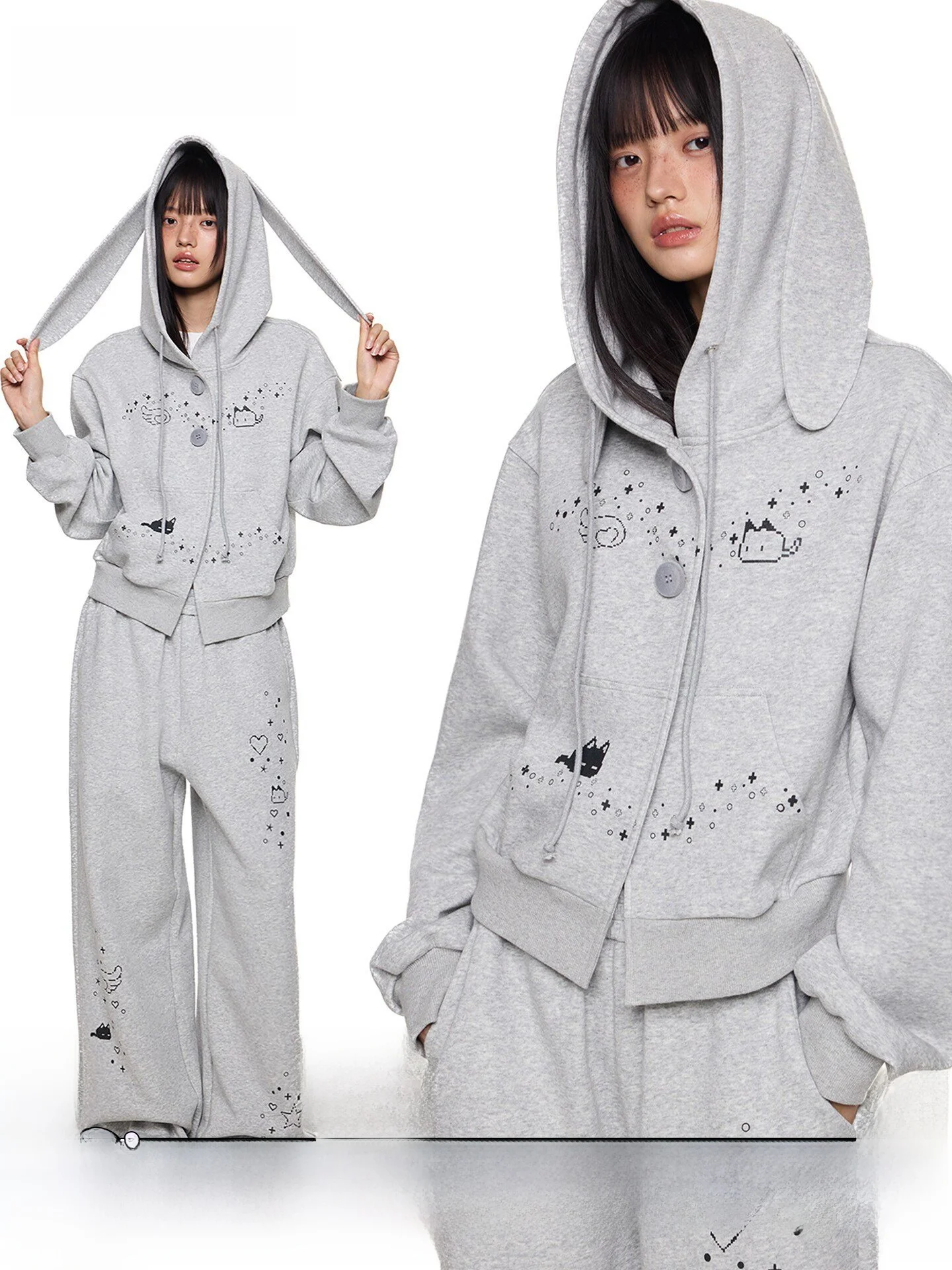 

EZEK Rabbit Ear Cartoon Print Hoodie Sweatshirt Set Casual Loose Sport Open Cardigan Outerwear Long Sleeve Cotton Zipper