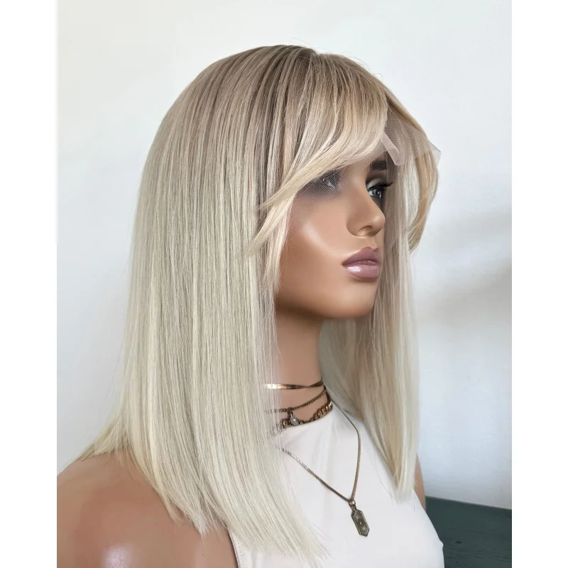 

Synthetic Lace Hairline Blonde with Dark roots Short BOB Lace Wig Wig Without Glue Light Weight Straight wig