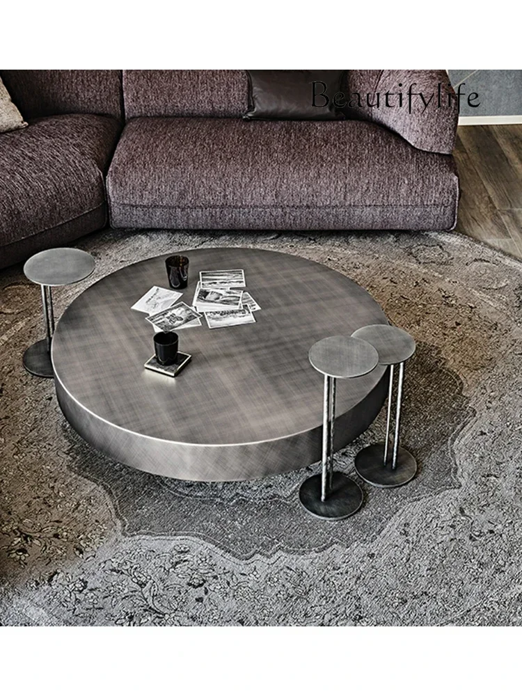 Coffee table, round retro light luxury electroplated coffee table set master design glass