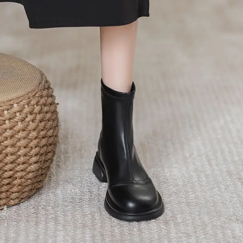 

Женские ботинки челси на толстой подошве 202, эластичные ботильоны из мягкой кожи на массивной платформе, женские осенне-зимние удобные черные ботинки