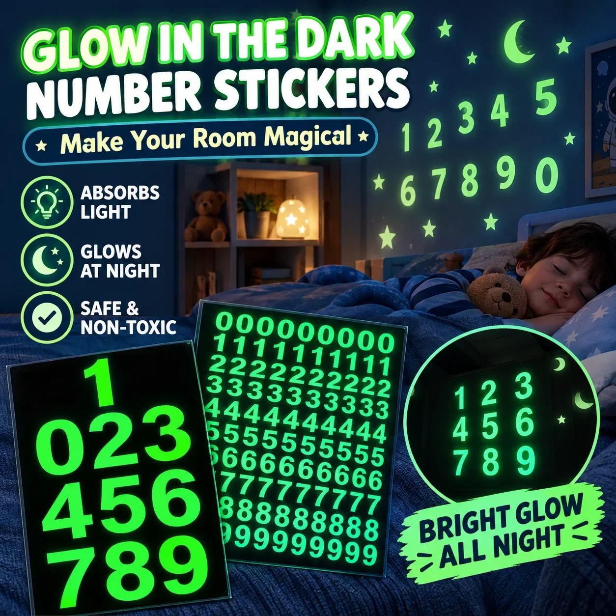 Glow in the Dark Number Wall Stickers Luminous Decals for Bedroom Kids Room Home Decor Fluorescent Numbers Set