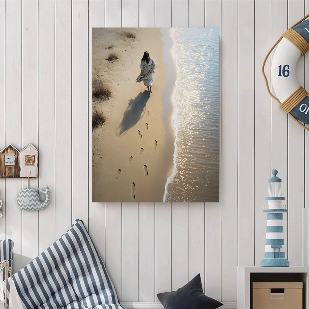 1PC-Canvas poster Unframed  Beach Walk Sunset Ocean Waves Footprints Sand Art Print  summer