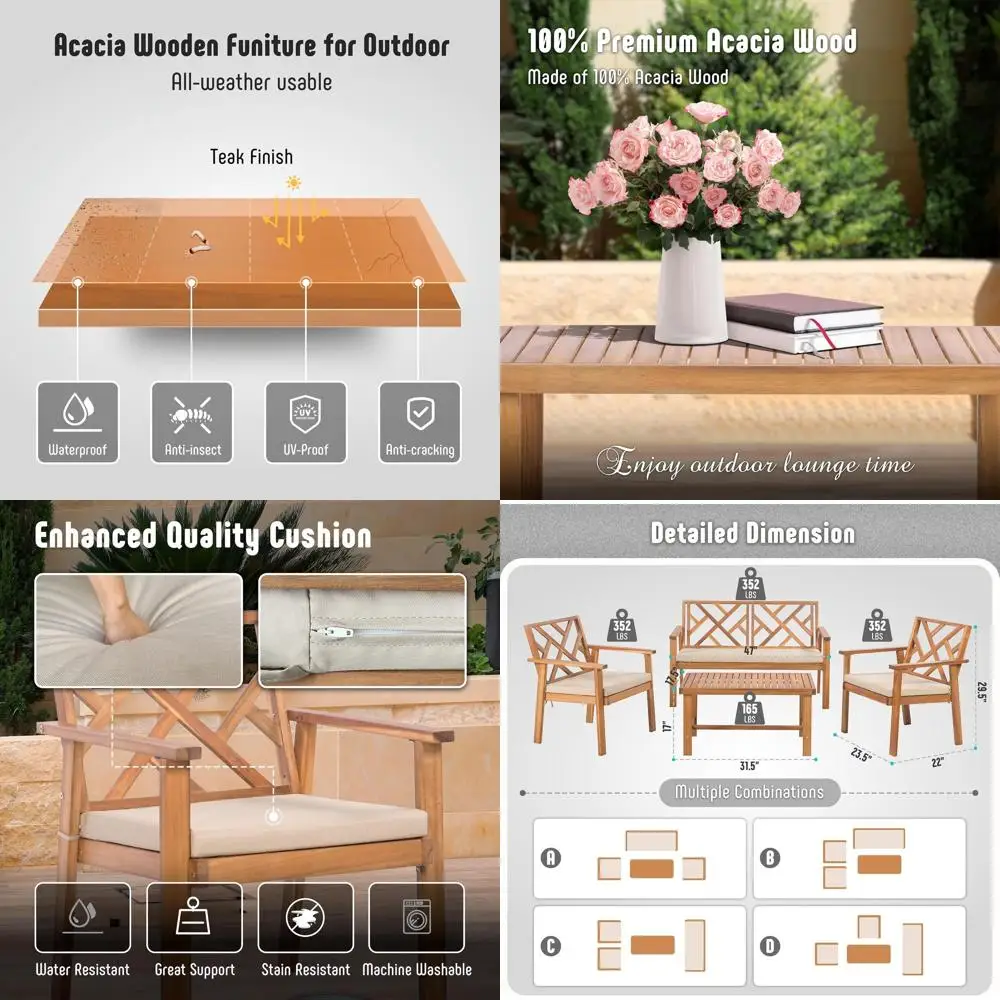 

Outdoor Patio urniture Set, 4 Piece Patio Soa Bench and 2 Single Soa Chairs with Table & Padded Cushions, Acacia Wood Outdoor Pa