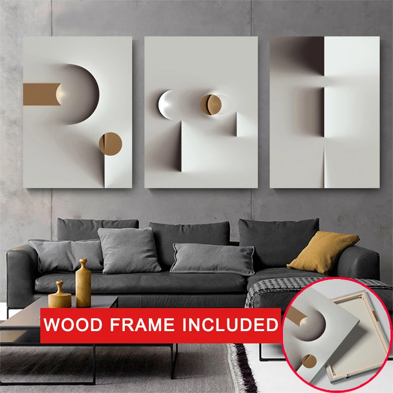 3PCS Modern Abstract Geometric Shape with Frame Canvas Painting Nordic Living Room Interior Decor Poster Wall Art Picture Decor